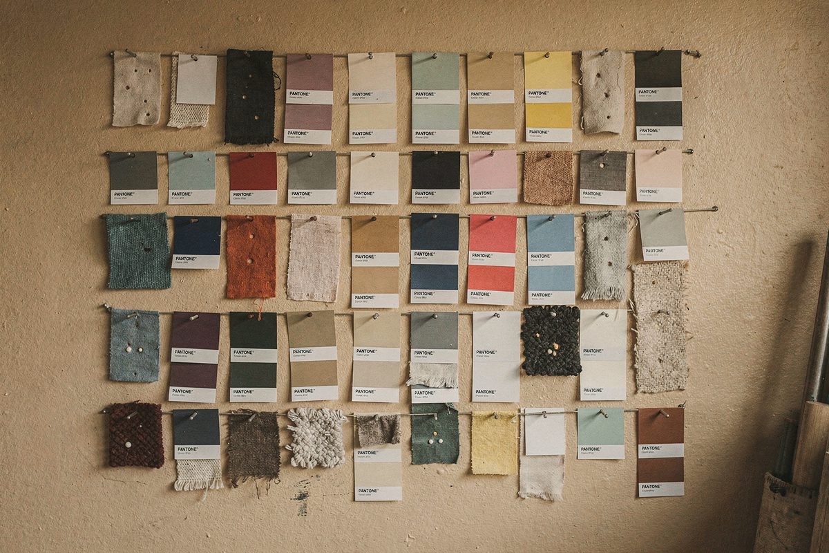 Wall grid of pinned pantone color chips and material swatches in the studio