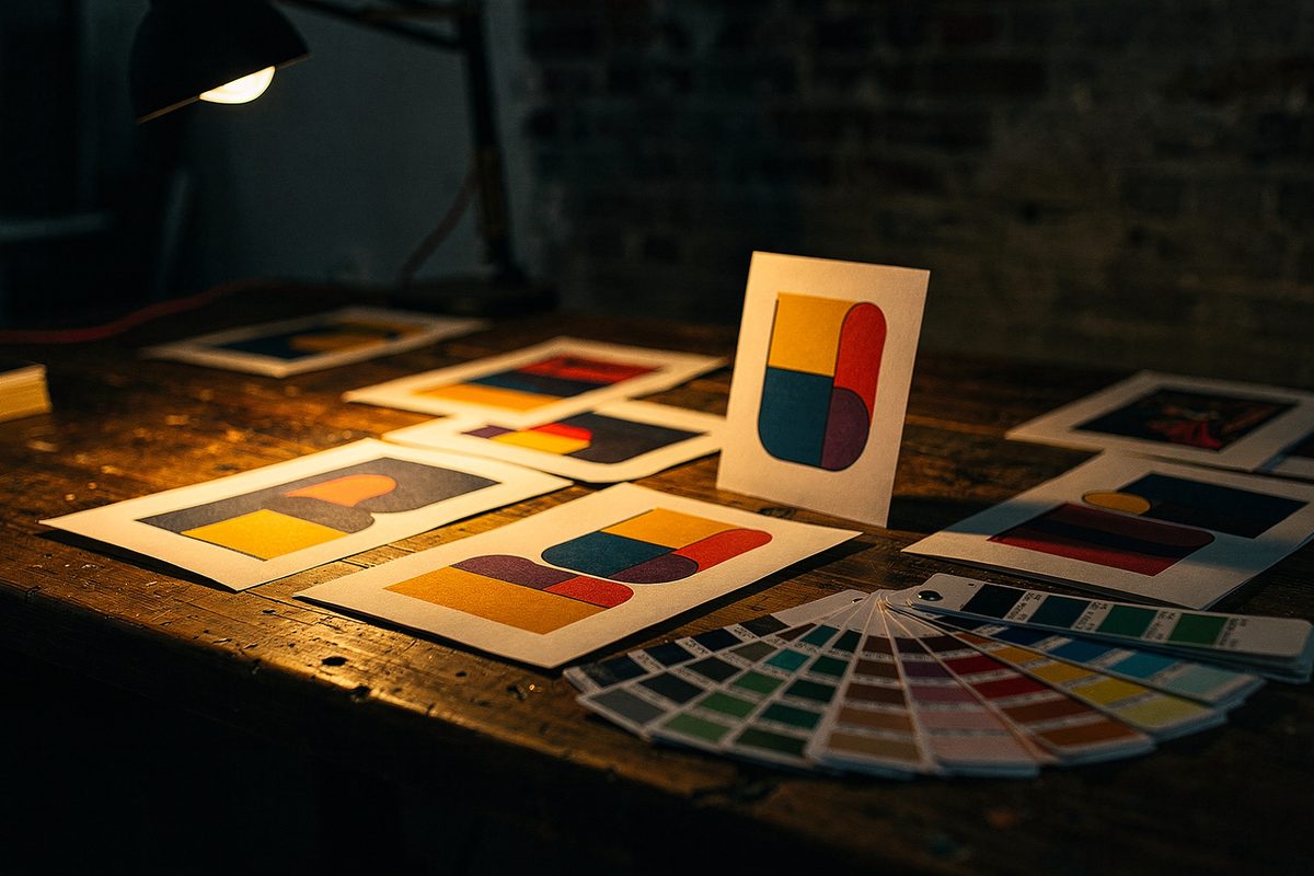 Studio work table covered in packaging proofs and pantone color chips under a desk lamp