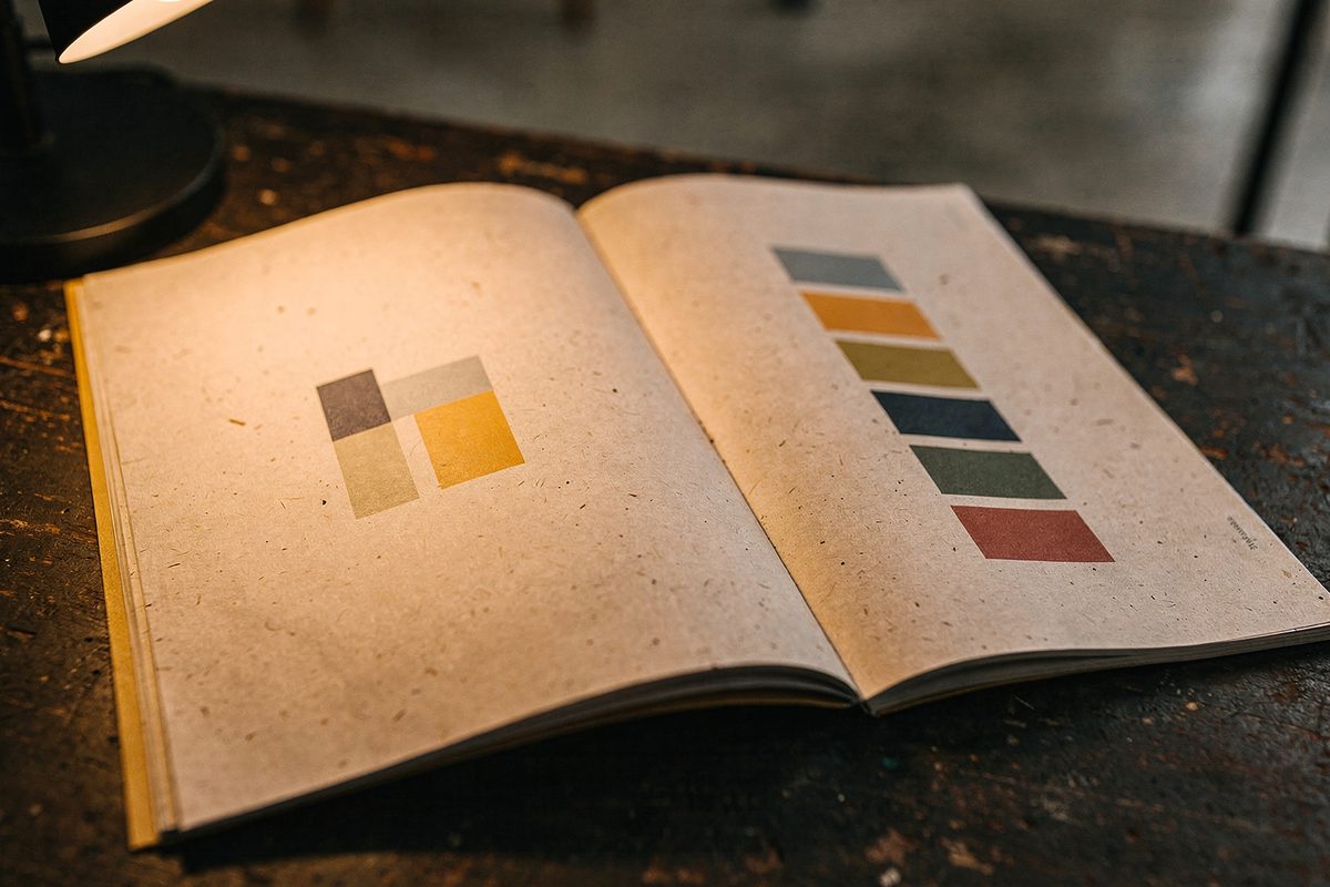 Open brand guideline book showing a logo lockup and color specifications