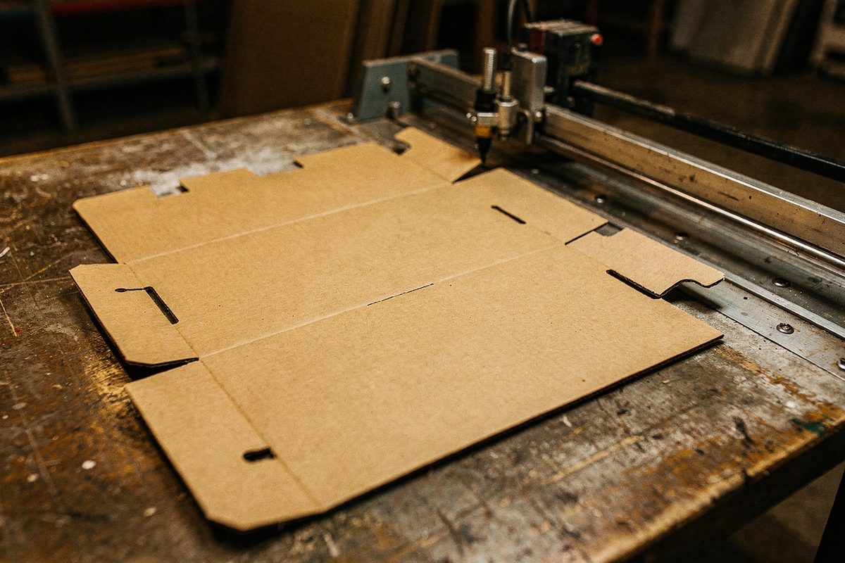 Freshly die-cut cardboard packaging structure on a cutting table