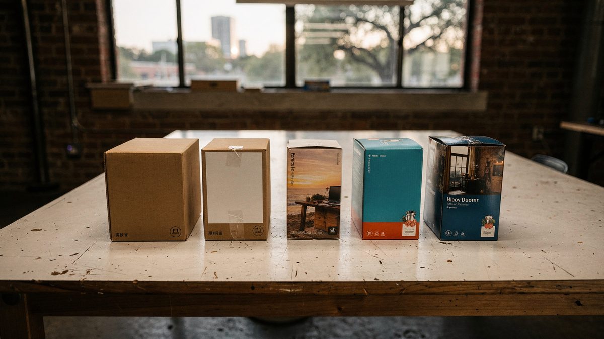 A row of packaging prototypes from blank cardboard to finished printed carton